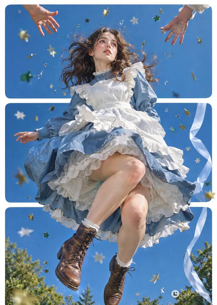 Low-angle view of a woman in a blue pinafore dress jumping mid-air across three horizontal photo panels.