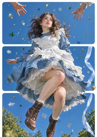 Low-angle view of a woman in a blue pinafore dress jumping mid-air across three horizontal photo panels.