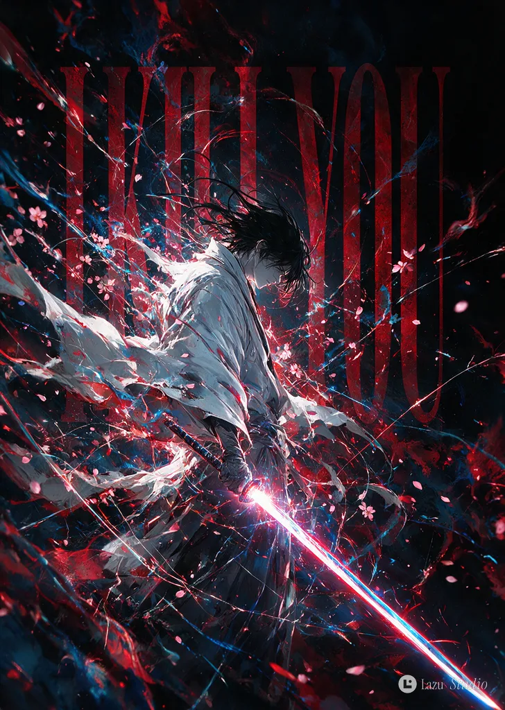 Sci-fi samurai in white robes wielding a glowing red and blue laser sword amid dark misty particles.