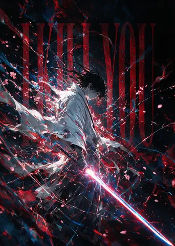 Sci-fi samurai in white robes wielding a glowing red and blue laser sword amid dark misty particles.