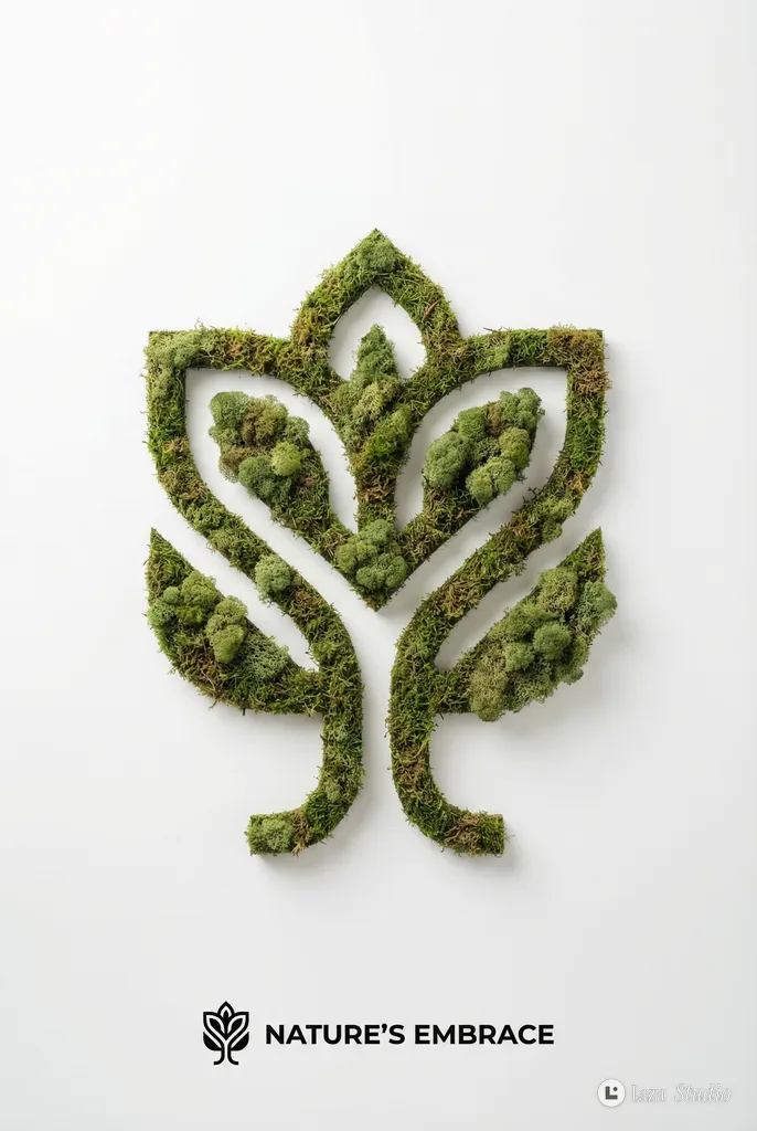 Top-down view of a geometric logo icon sculpted from green textured moss on a white surface.