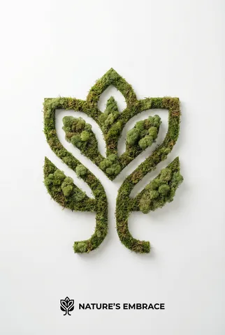 Top-down view of a geometric logo icon sculpted from green textured moss on a white surface.
