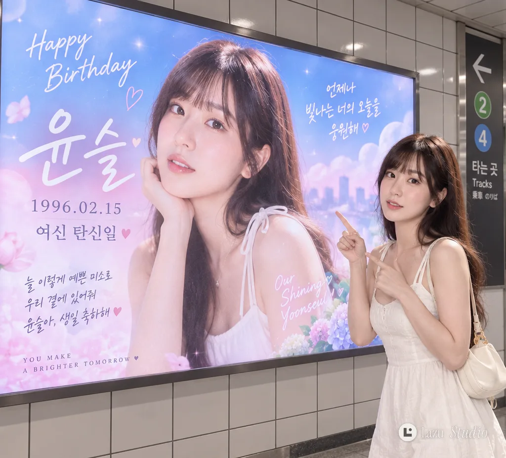A woman pointing playfully at a large pastel birthday billboard featuring an idol inside a subway station.
