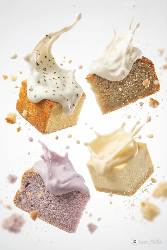 Macro view of floating sponge cake cubes colliding with white cream splashes.