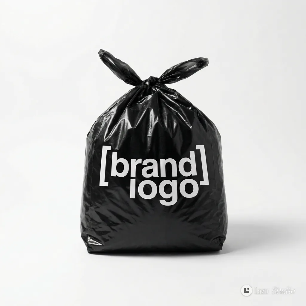 A glossy black plastic bag tied at the top standing upright on a seamless white background.