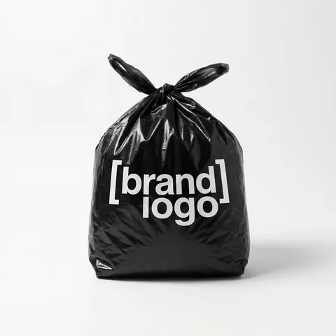 A glossy black plastic bag tied at the top standing upright on a seamless white background.