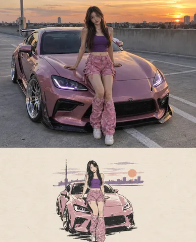 A vertically split composition with a realistic photo on the top half and a paper-cut illustration on the bottom.