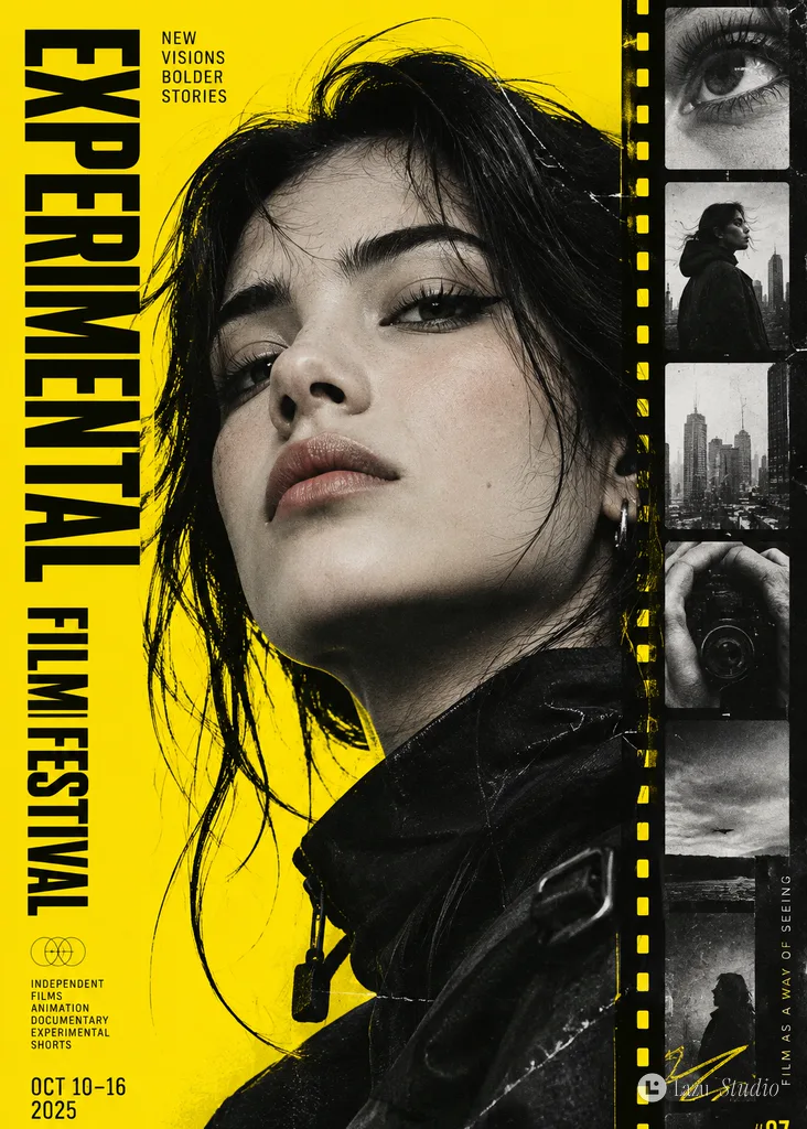 Graphic design poster featuring a character close-up against a bright yellow background with film strips.