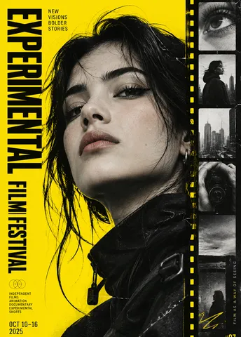 Graphic design poster featuring a character close-up against a bright yellow background with film strips.