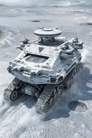 High-angle view of a massive cyberpunk crawler base moving across an alien landscape.