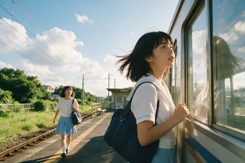 Japanese schoolgirl in uniform standing on a sunlit suburban train station platform under a blue sky.
