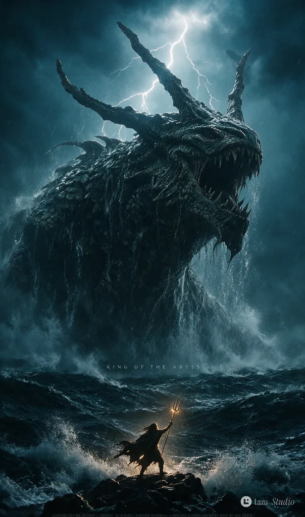 A massive sea beast rising from stormy ocean waves before a lone silhouette holding a glowing trident.