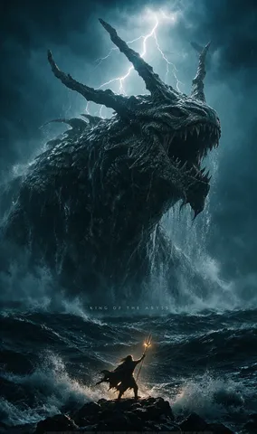 A massive sea beast rising from stormy ocean waves before a lone silhouette holding a glowing trident.