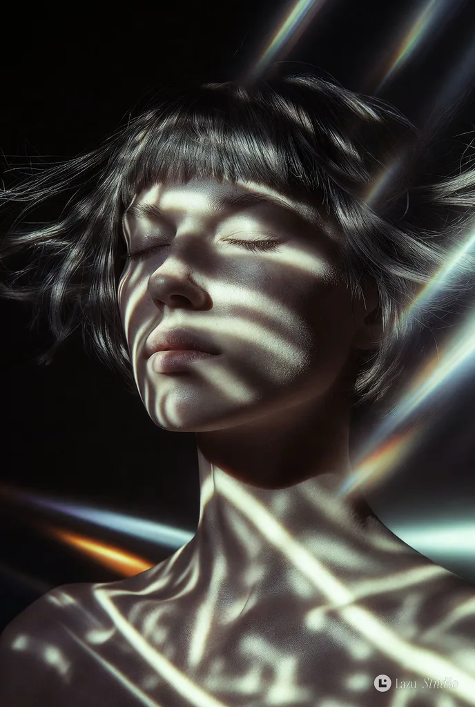 Close-up portrait of a woman with closed eyes and windblown short hair under dramatic light and shadow.