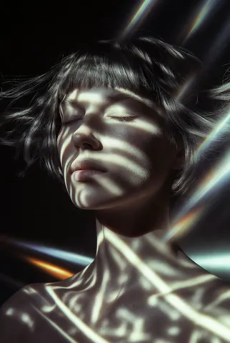 Close-up portrait of a woman with closed eyes and windblown short hair under dramatic light and shadow.