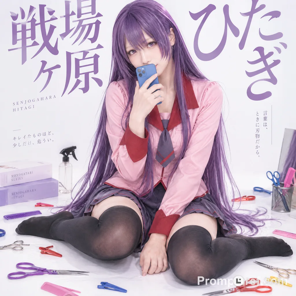 Cosplayer with long purple hair and pink uniform sitting on a bright white studio floor.