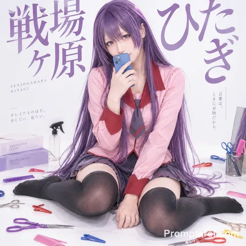 Cosplayer with long purple hair and pink uniform sitting on a bright white studio floor.