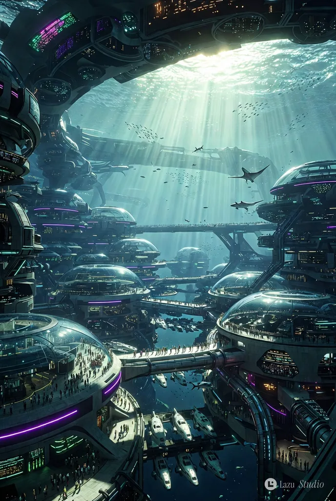 Futuristic underwater city with glowing lights, transparent domes, and swimming rays under ocean sunbeams.