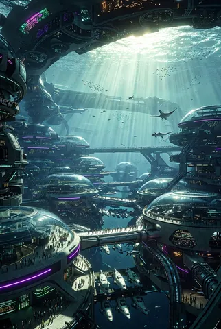 Futuristic underwater city with glowing lights, transparent domes, and swimming rays under ocean sunbeams.