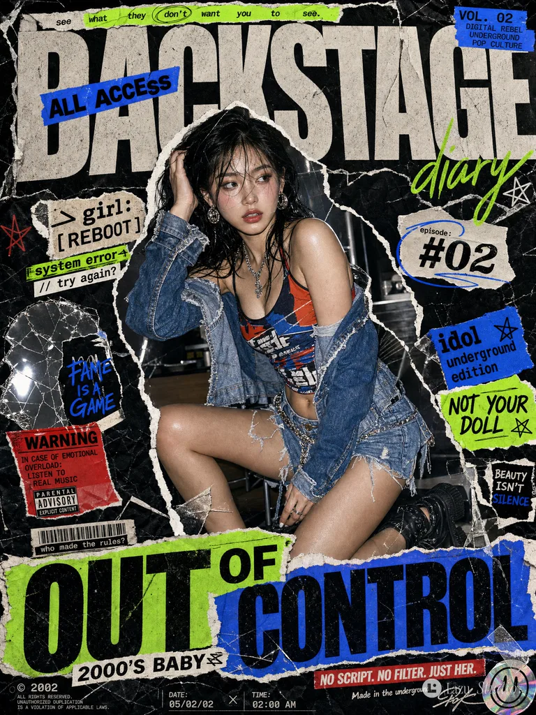 Y2K ripped paper collage poster featuring a stylish female model kneeling in denim fashion.
