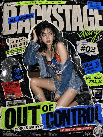 Y2K ripped paper collage poster featuring a stylish female model kneeling in denim fashion.