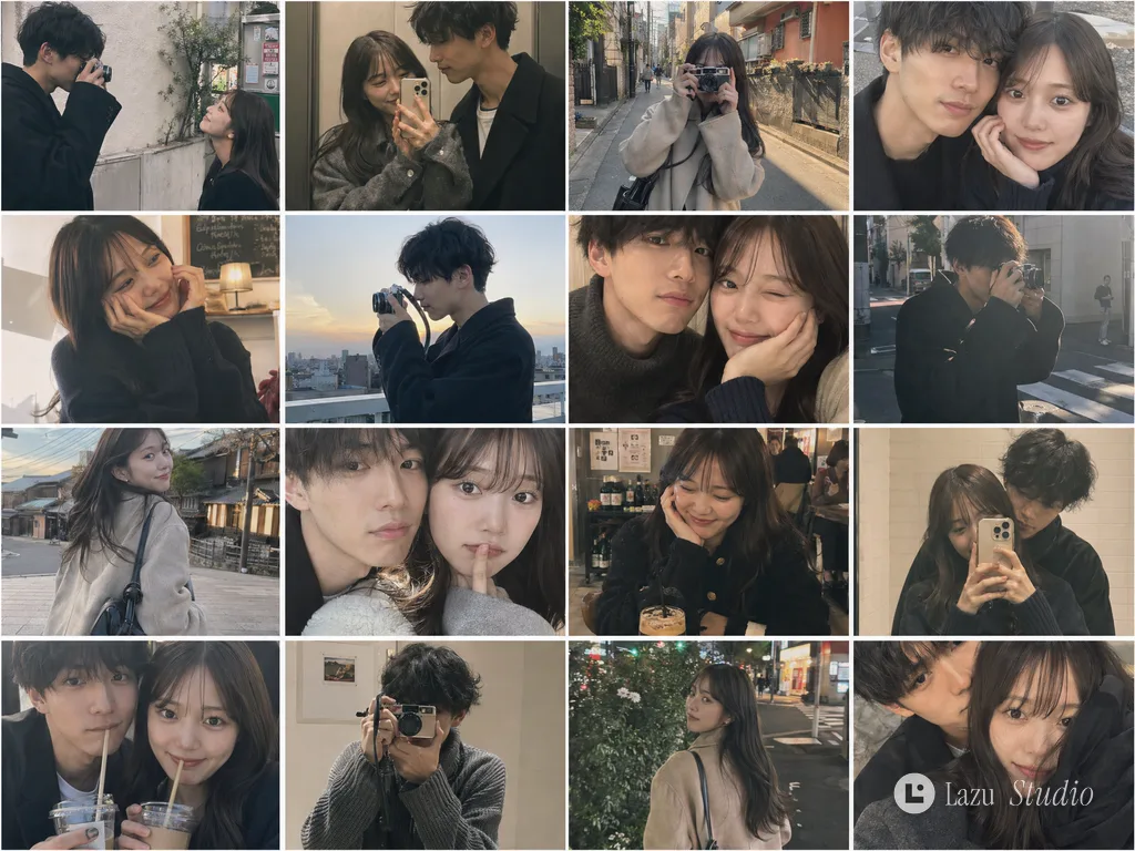 A 4x4 grid of candid photos featuring a young Japanese couple taking selfies and portraits.