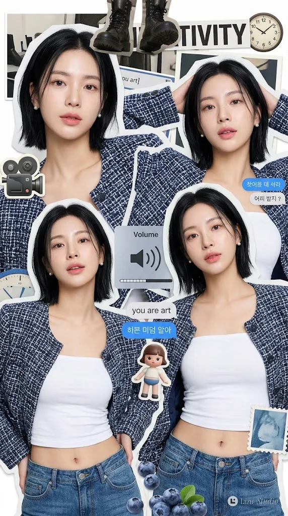 Y2K aesthetic digital collage of a young woman with short hair alongside blueberry elements.