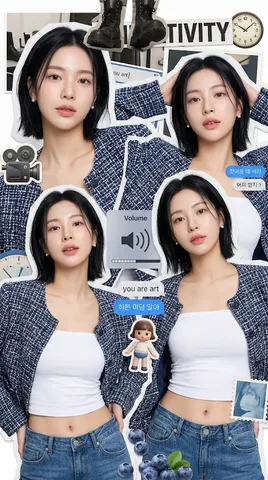 Y2K aesthetic digital collage of a young woman with short hair alongside blueberry elements.