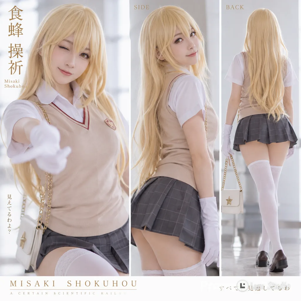Three-angle cosplay snapshot of Misaki Shokuhou in uniform and white gloves.