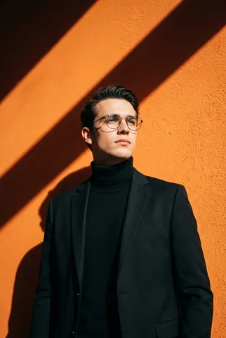 Low-angle view of a man in round glasses and a black blazer against a sunny orange wall.