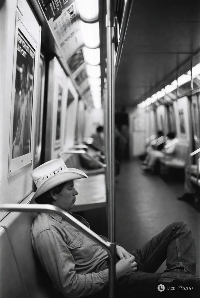 Black and white photo of a cowboy sleeping on an NYC subway car seat with his hat over his face.