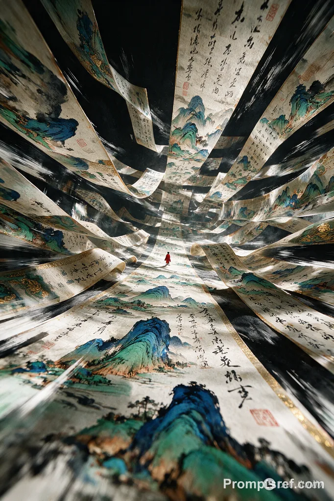 A small figure in red walking among giant hanging Chinese ink-wash scrolls and calligraphy.