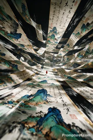 A small figure in red walking among giant hanging Chinese ink-wash scrolls and calligraphy.