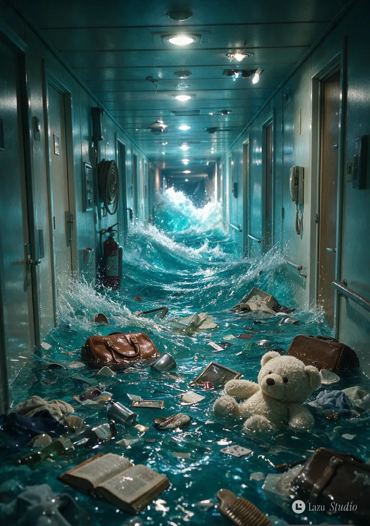 Flooded luxury cruise corridor filled with turbulent water and floating debris.