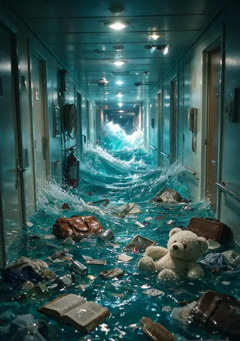 Flooded luxury cruise corridor filled with turbulent water and floating debris.