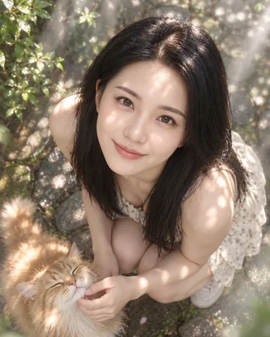 Young woman smiling from above as sunlight filters through trees onto her and a fluffy ginger cat.