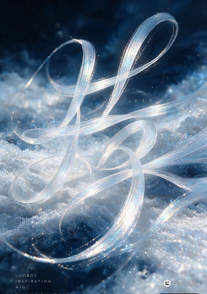 Surreal graphic poster with fluid blue and white abstract shapes and fine typography.