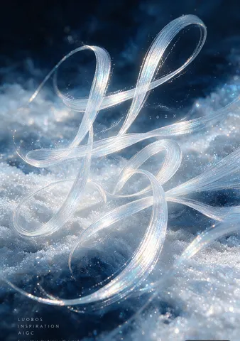 Surreal graphic poster with fluid blue and white abstract shapes and fine typography.
