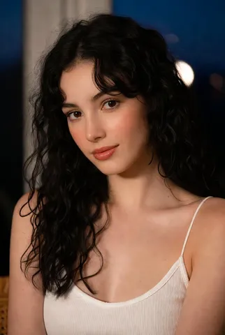 Portrait of a young woman with wavy dark hair wearing a white camisole in warm indoor lighting.