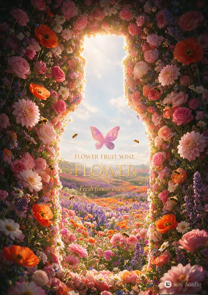 Negative space wine bottle silhouette framing a colorful flower meadow.