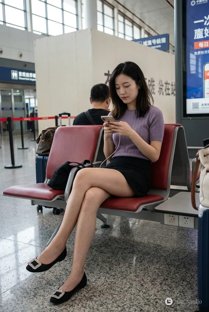 Young East Asian woman quietly looking down at her phone in a transit waiting hall.