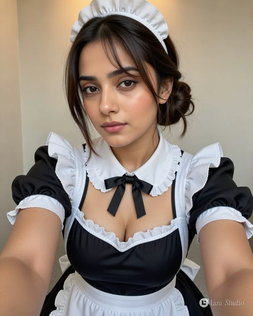 A young woman in a cute Japanese maid costume posing for an intimate close-up selfie.