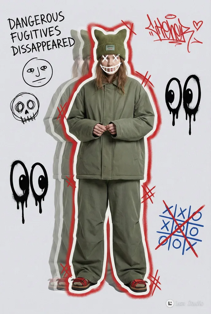 Full-body figure in loose olive clothing with a hand-drawn smile overlay set against a collage background.