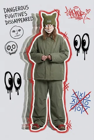 Full-body figure in loose olive clothing with a hand-drawn smile overlay set against a collage background.