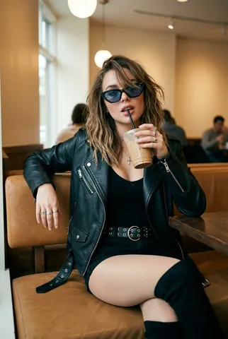 A young woman wearing cat-eye sunglasses drinking iced coffee through a straw at a café table.