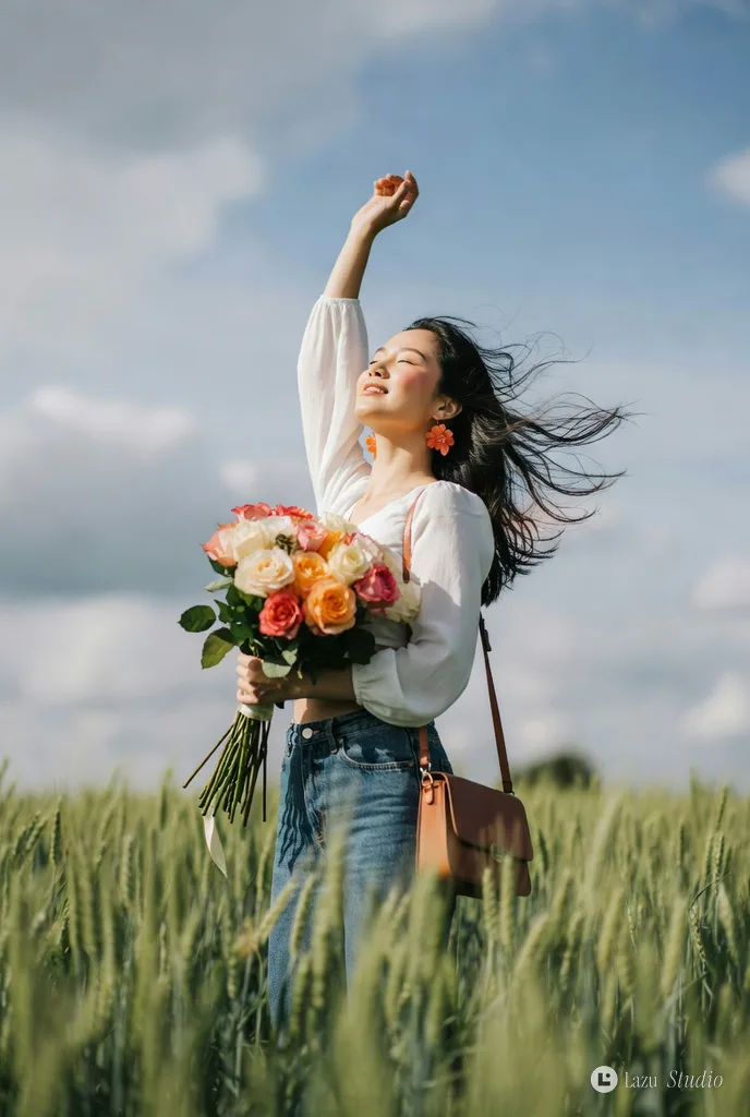 A young woman with closed eyes and windblown hair standing joyfully in an open sunlit wheat field.