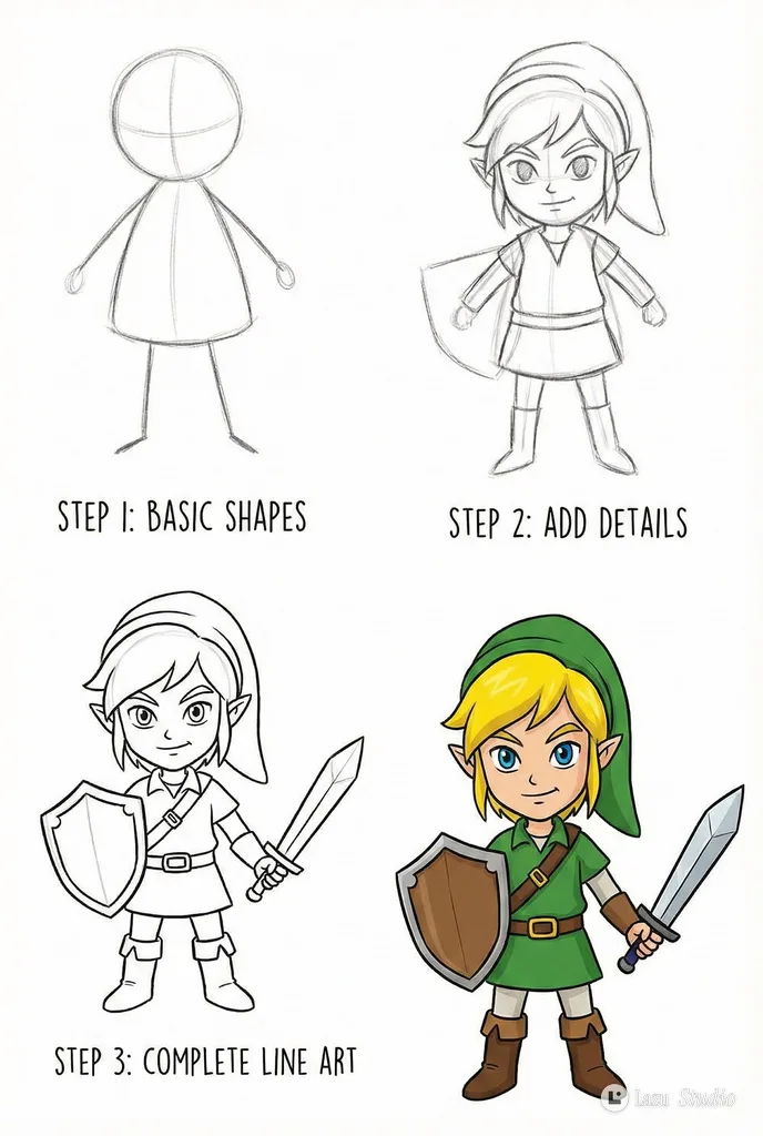 Step-by-step drawing tutorial of Link progressing from line art to fully colored character illustration.