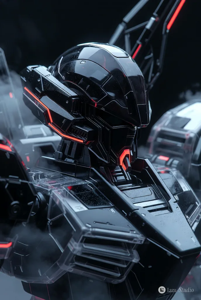 Black obsidian Gundam mech with glowing red neon trim in a dark, atmospheric studio.