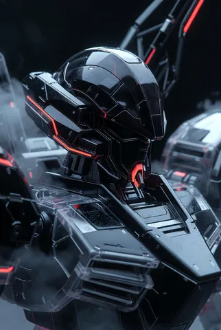 Black obsidian Gundam mech with glowing red neon trim in a dark, atmospheric studio.