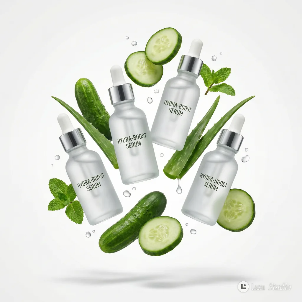Cosmetic bottles and fresh fruit slices floating against a clean white studio background.